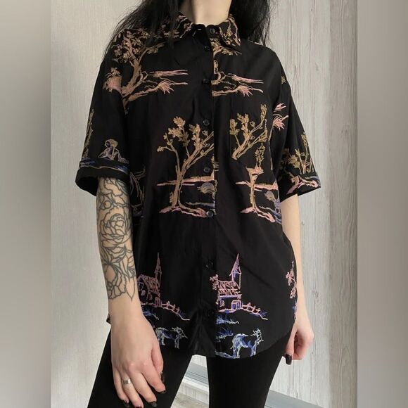 Zara Japanese Garden Graphic Button Down Shirt Size S - Picture 1 of 9